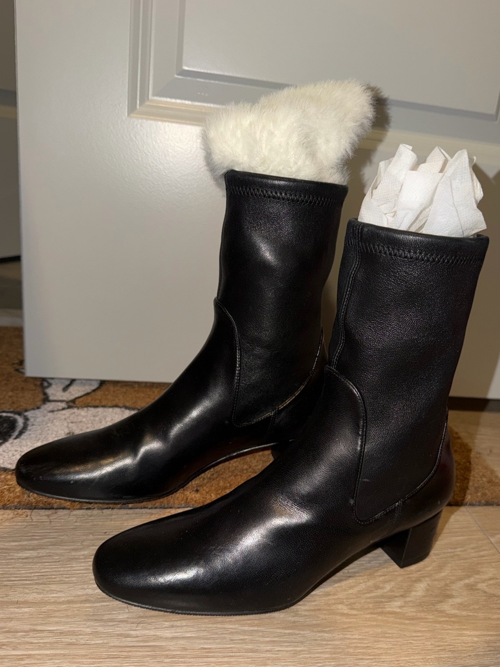 Stuart Weitzman Black Leather Stretch Mid Calf Block Heel Boots 6.5 Spain